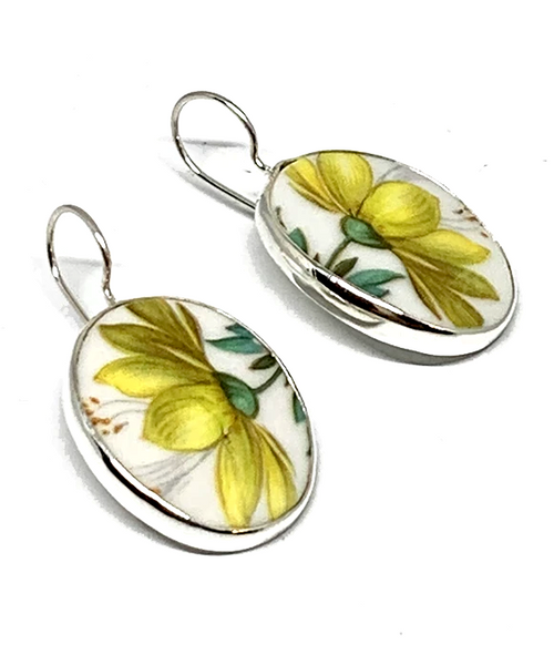 Large Yellow Flower Vintage Pottery Single Drop Earrings