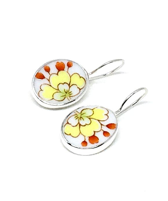 Yellow & Orange Floral Oval Vintage Pottery Single Drop Earrings