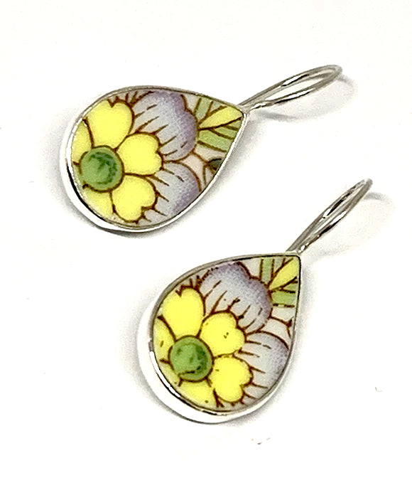 Yellow & Light Purple Flower Vintage Pottery Single Drop Earrings