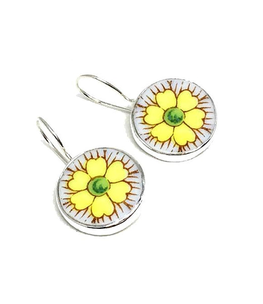 Round Yellow Flower Vintage Pottery Single Drop Earrings