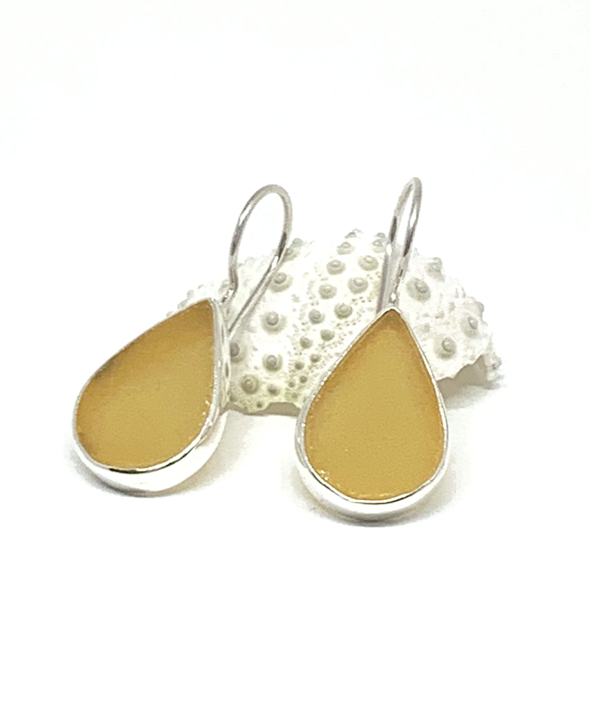 Amber Teardrop Sea Glass Single Drop Earrings