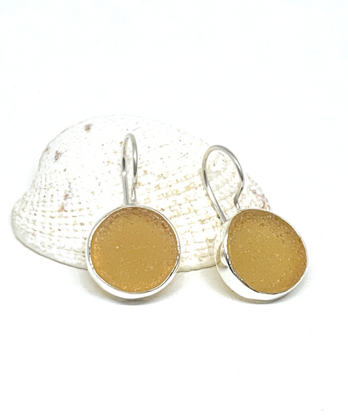 Rich Amber Round Sea Glass Single Drop Earrings