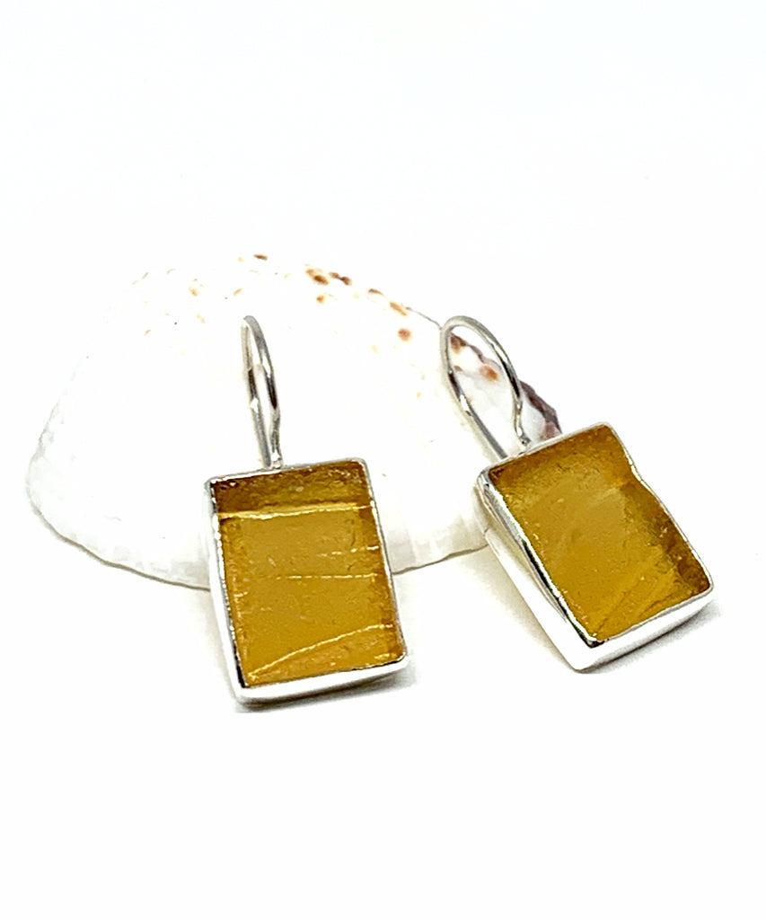 Textured Amber Sea Glass Rectangle Shape Single Earrings