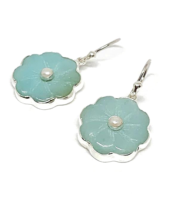 Hand Carved Amazonite Stone Flower with Pearl Single Drop Earrings