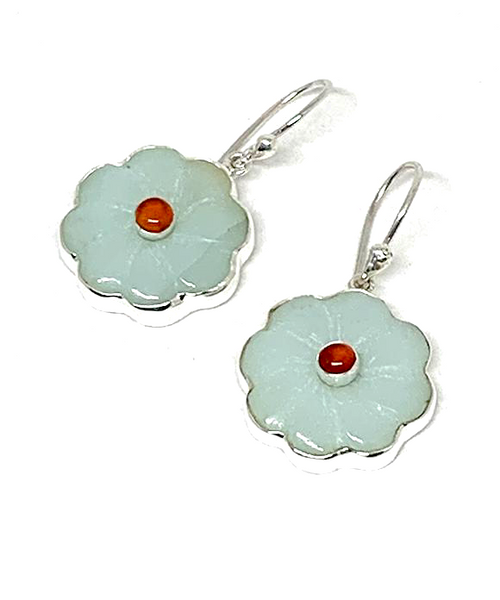 Hand Carved Amazonite Stone Flower with Carnelian Single Drop Earrings
