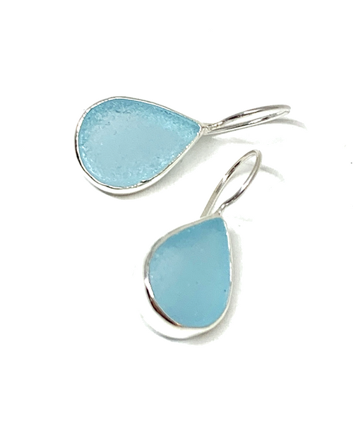 Bright Aqua Teardrop Sea Glass Single Drop Earrings