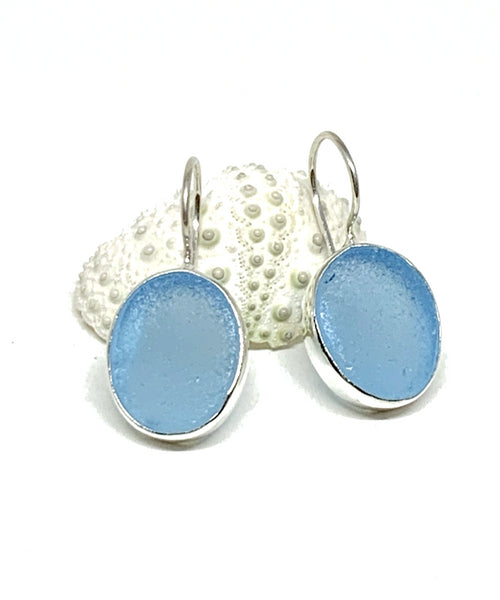 Aqua Oval Sea Glass Single Drop Earrings