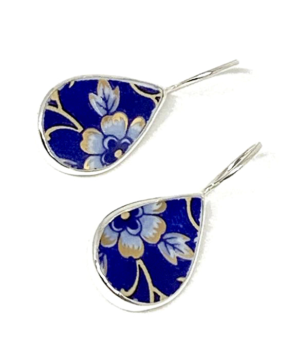 Blue Flower with Gold Detail Vintage Pottery Teardrop Single Drop Earrings