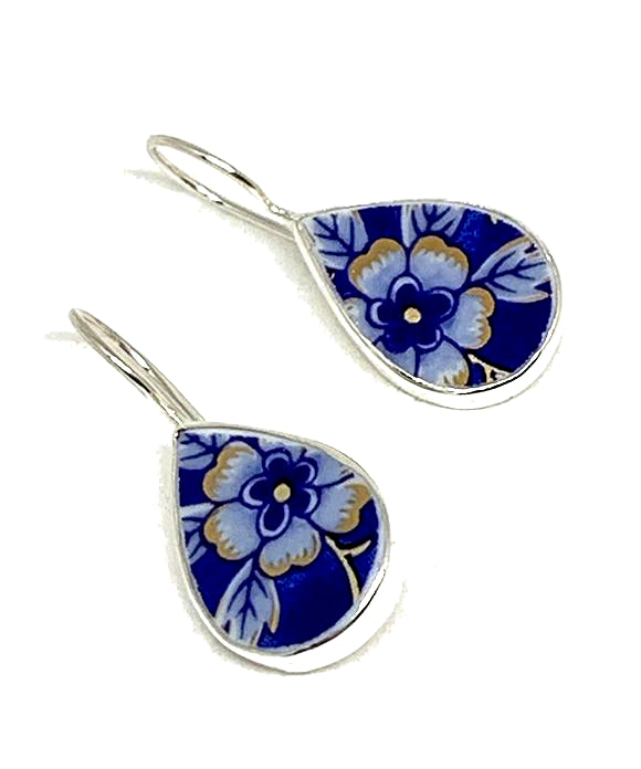 Blue Flower with Gold Detail Vintage Pottery Teardrop Single Drop Earrings