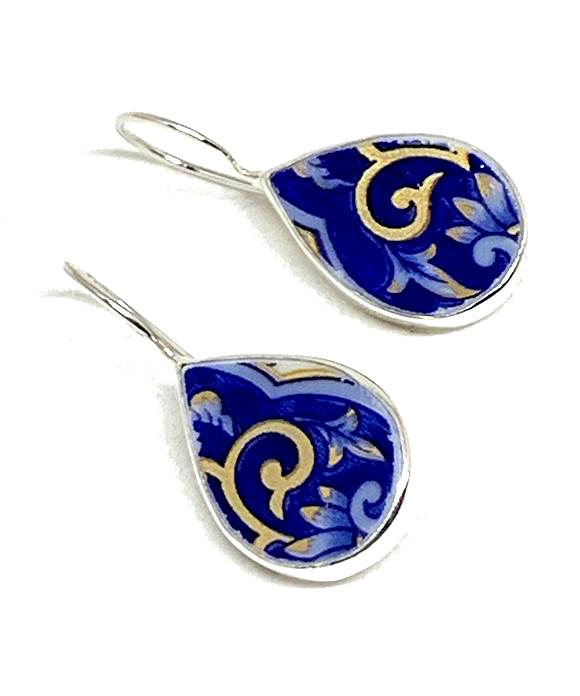 Blue Flower & Swirl with Gold Detail Vintage Pottery Teardrop Single Drop Earrings