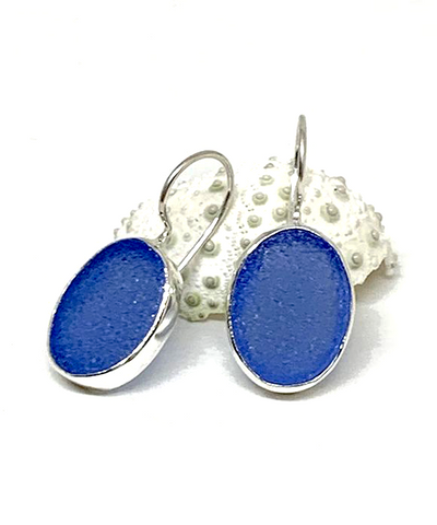 Blue Sea Glass Oval Single Drop Earrings