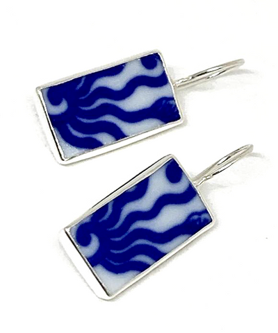 Blue & White Sun Ray Pattern Rectangle Vintage Pottery Single Drop Earrings