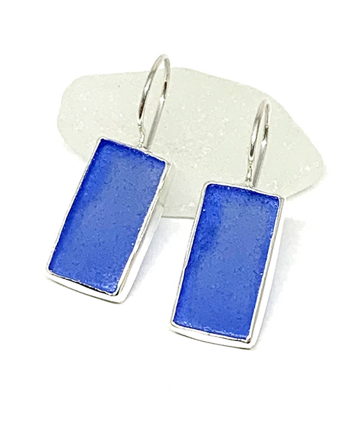 Blue Sea Glass Long Rectangle Sea Glass Single Drop Earrings