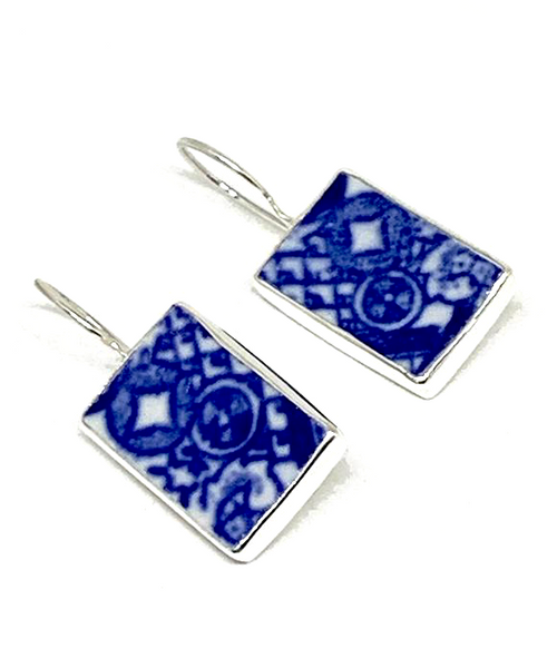 Blue & White Geometric Rectangle Vintage Pottery Single Drop Earrings