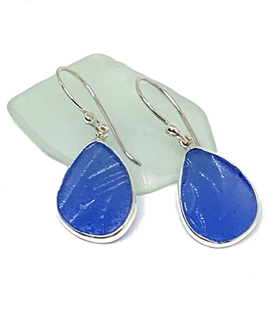 Textured Blue Sea Glass Open Back Drop Earrings