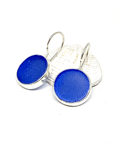 Round Blue Sea Glass Sea Glass Single Drop Earrings