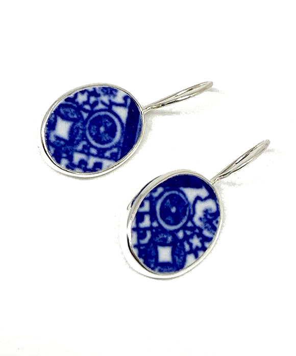 Blue & White Geometric Oval Vintage Pottery Single Drop Earrings