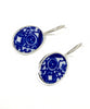 Blue & White Geometric Oval Vintage Pottery Single Drop Earrings