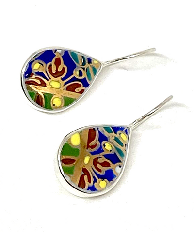 Bold Blue Flower with Gold Detail Vintage Pottery Teardrop Single Drop Earrings