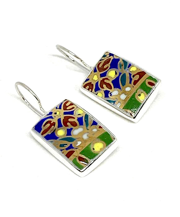 Bold Patterned with Gold Detail Vintage Pottery Rectangle Single Drop Earrings