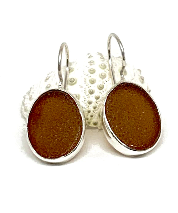 Brown Oval Sea Glass Single Drop Earrings