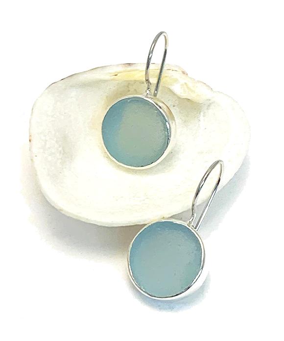 Soft Aqua Sea Glass Round Shape Single Earrings