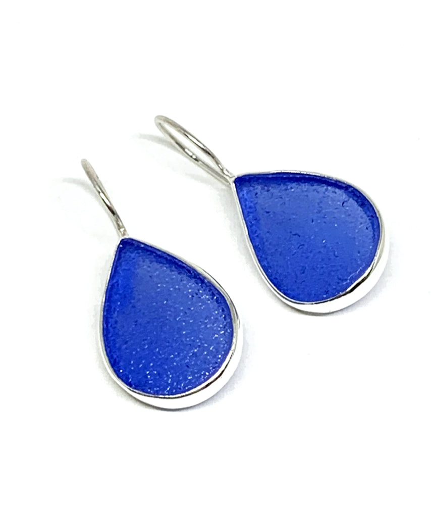 Blue Sea Glass Teardrop Sea Glass Single Drop Earrings