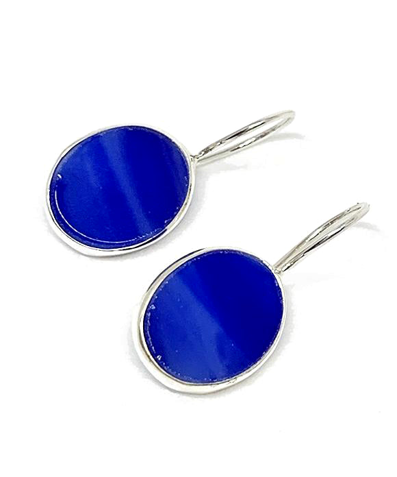 Cobalt Blue Stained Glass Oval Shaped Single Drop Earrings