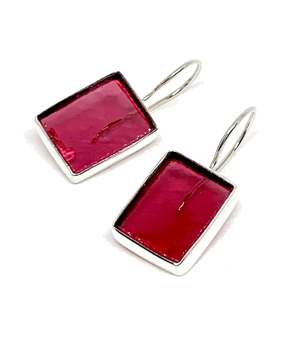 Clear Raspberry Red Stained Glass Single Drop Earrings