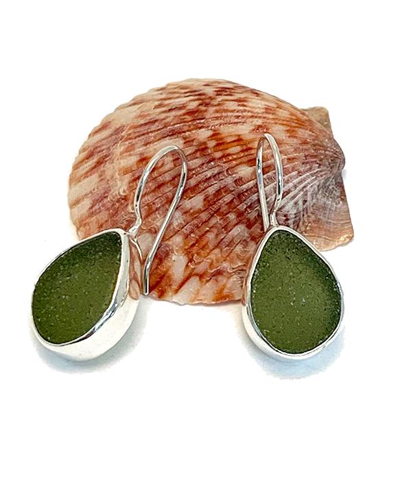 Dark Olive Sea Glass Natural Shape Single Earrings
