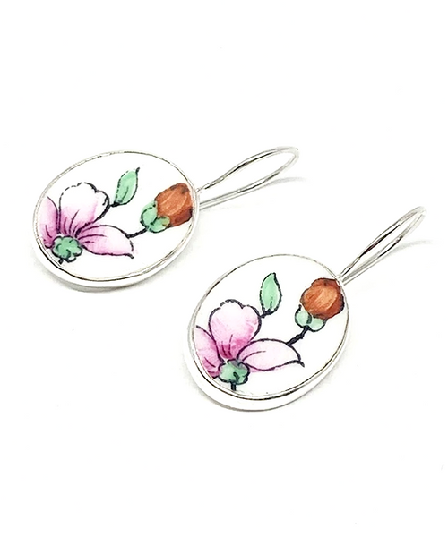 Pink & Orange Floral Vintage Pottery Oval Single Drop Earrings