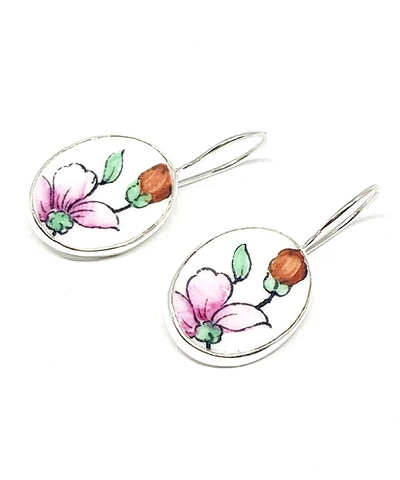 Pink & Orange Floral Vintage Pottery Oval Single Drop Earrings