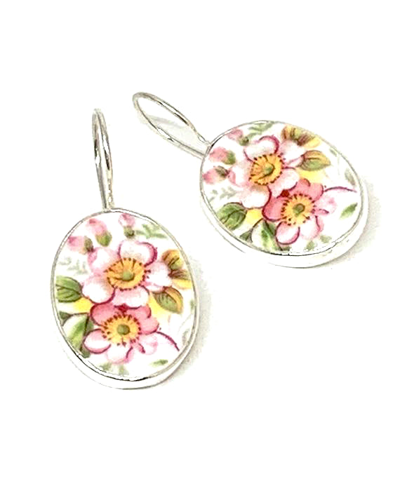 Large Oval Pink & Yellow Flowers Vintage Pottery Single Drop Earrings