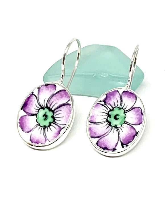 Purple Flower Vintage Pottery Oval Single Drop Earrings