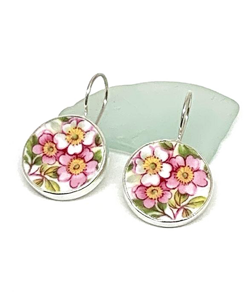 Round Pink, Yellow & White Flowers Vintage Pottery Single Drop Earrings