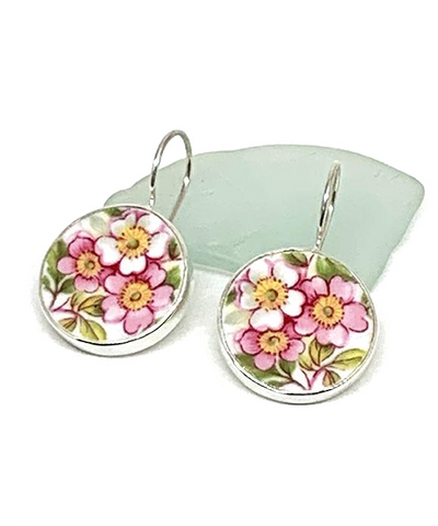 Round Pink, Yellow & White Flowers Vintage Pottery Single Drop Earrings
