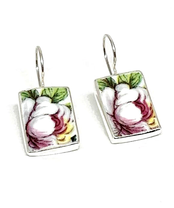 White Peony Flower Vintage Pottery Single Drop Earrings