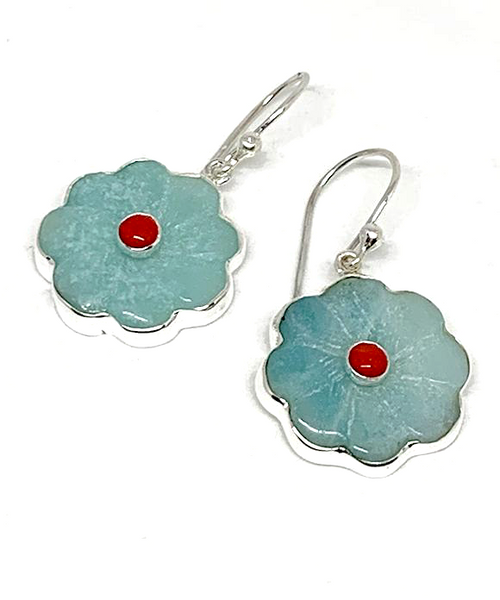Hand Carved Amazonite Stone Flower with Red Coral Single Drop Earrings