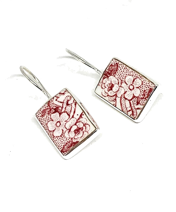 Red & White Flower Vintage Pottery Rectangle Single Drop Earrings