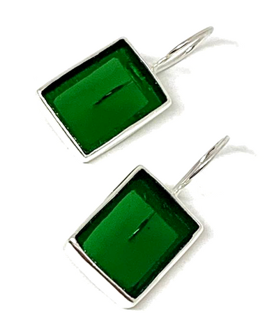 Forest Green Stained Glass Rectangle Shaped Single Drop Earrings