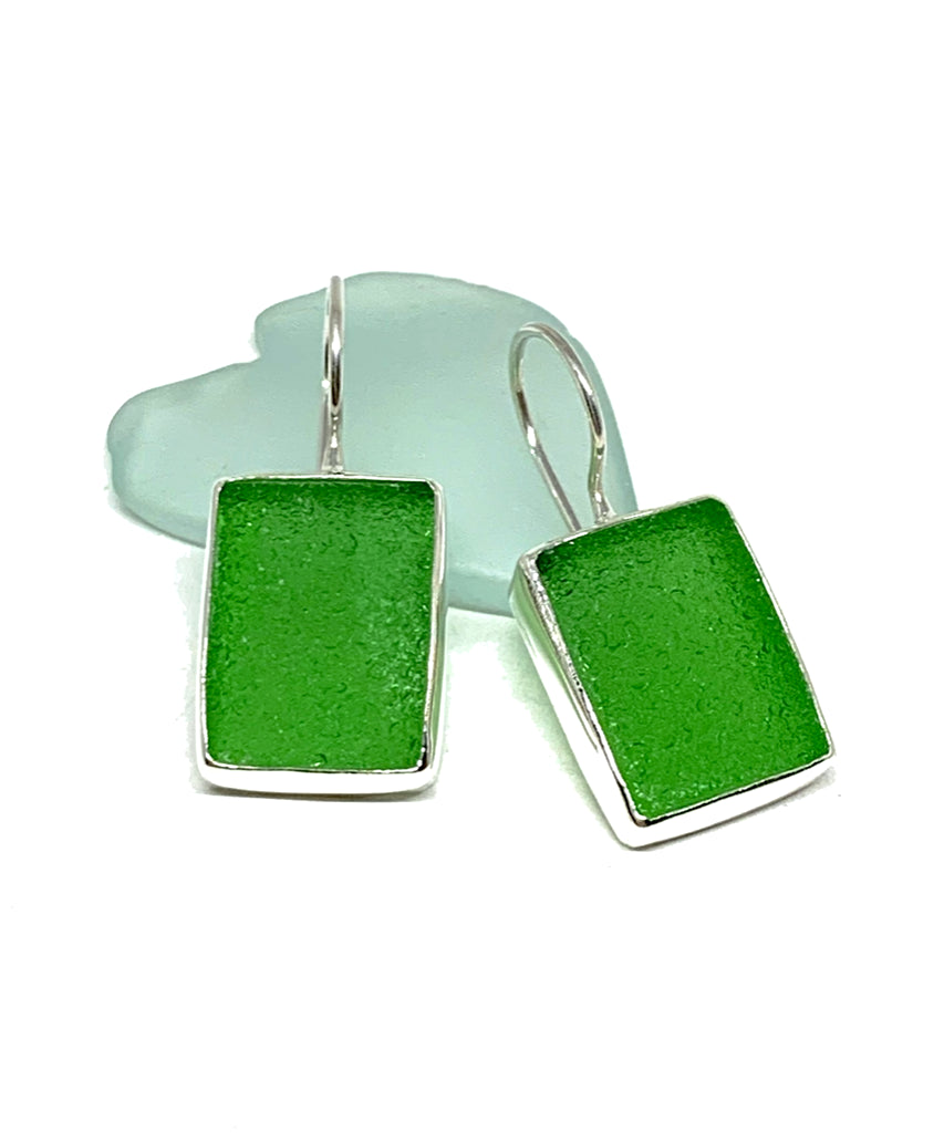 Emerald Green Rectangle Sea Glass Single Drop Earrings
