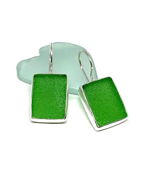 Emerald Green Rectangle Sea Glass Single Drop Earrings