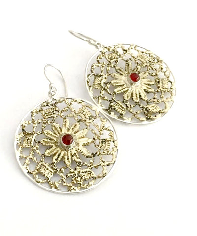 Antique Lace Cast in Yellow Brass & Sterling Silver with Carnelian Stone Earrings