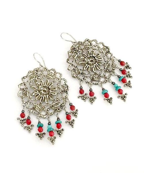 Antique Lace Cast in White Brass with Red Coral and Turquoise Fringe Earrings