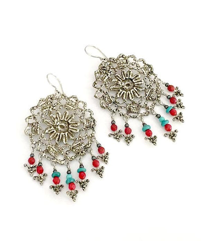 Antique Lace Cast in White Brass with Red Coral and Turquoise Fringe Earrings