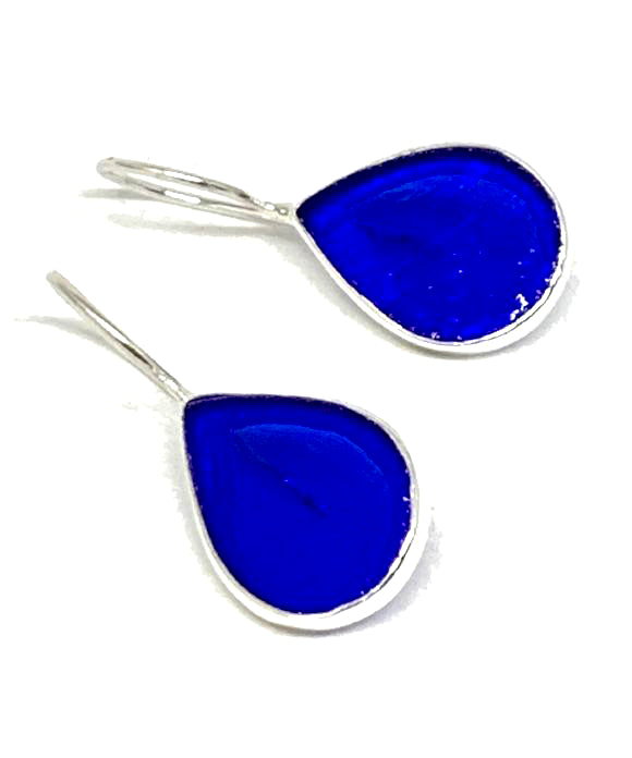 Clear Cobalt Blue Stained Glass Teardrop Shaped Single Drop Earrings