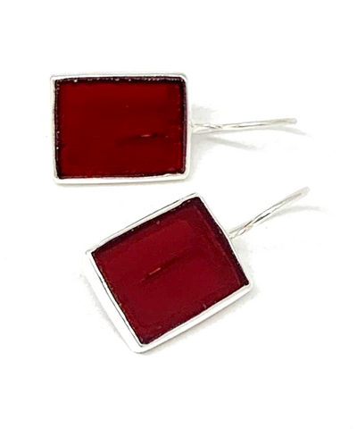 Clear Dark Red Rectangle Shaped Stained Glass Single Drop Earrings