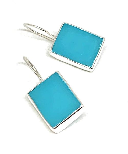 Turquoise Stained Glass Rectangle Shaped Single Drop Earrings