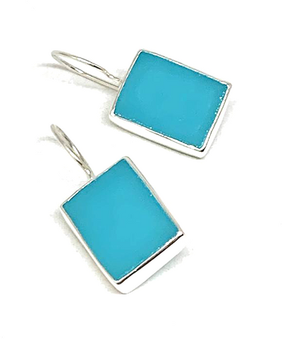 Turquoise Stained Glass Rectangle Shaped Single Drop Earrings
