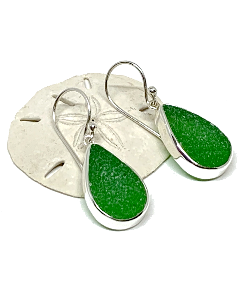 Emerald Green Sea Glass Open Back Drop Earrings